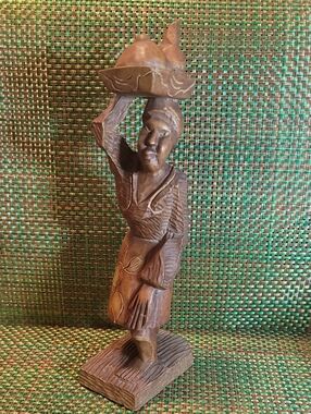 Hand-Carved Brown Wooden Figurine Woman Carrying Basket - Unbranded